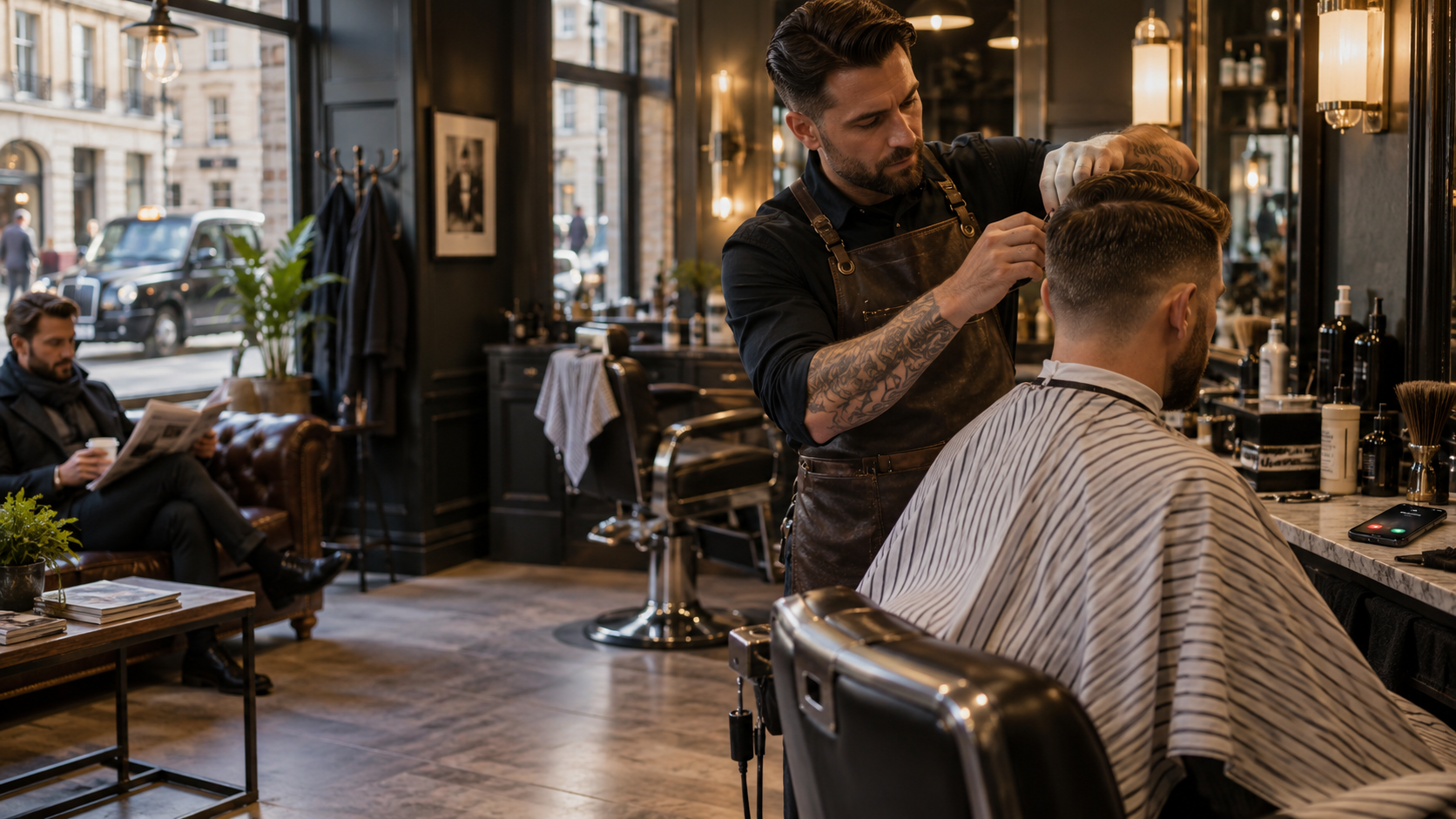 Barber serving a customer in a busy shop