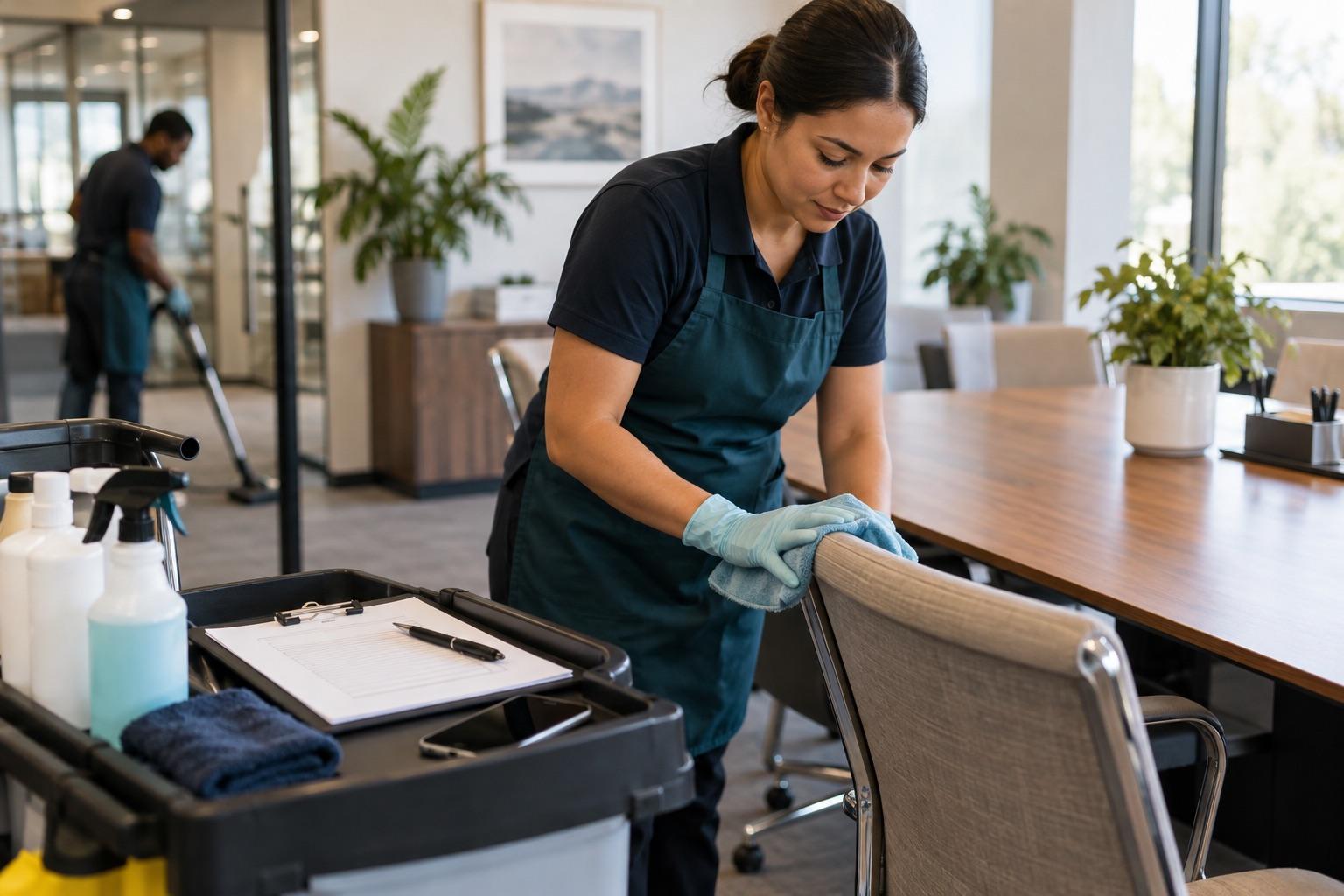 Professional cleaner working in a bright interior