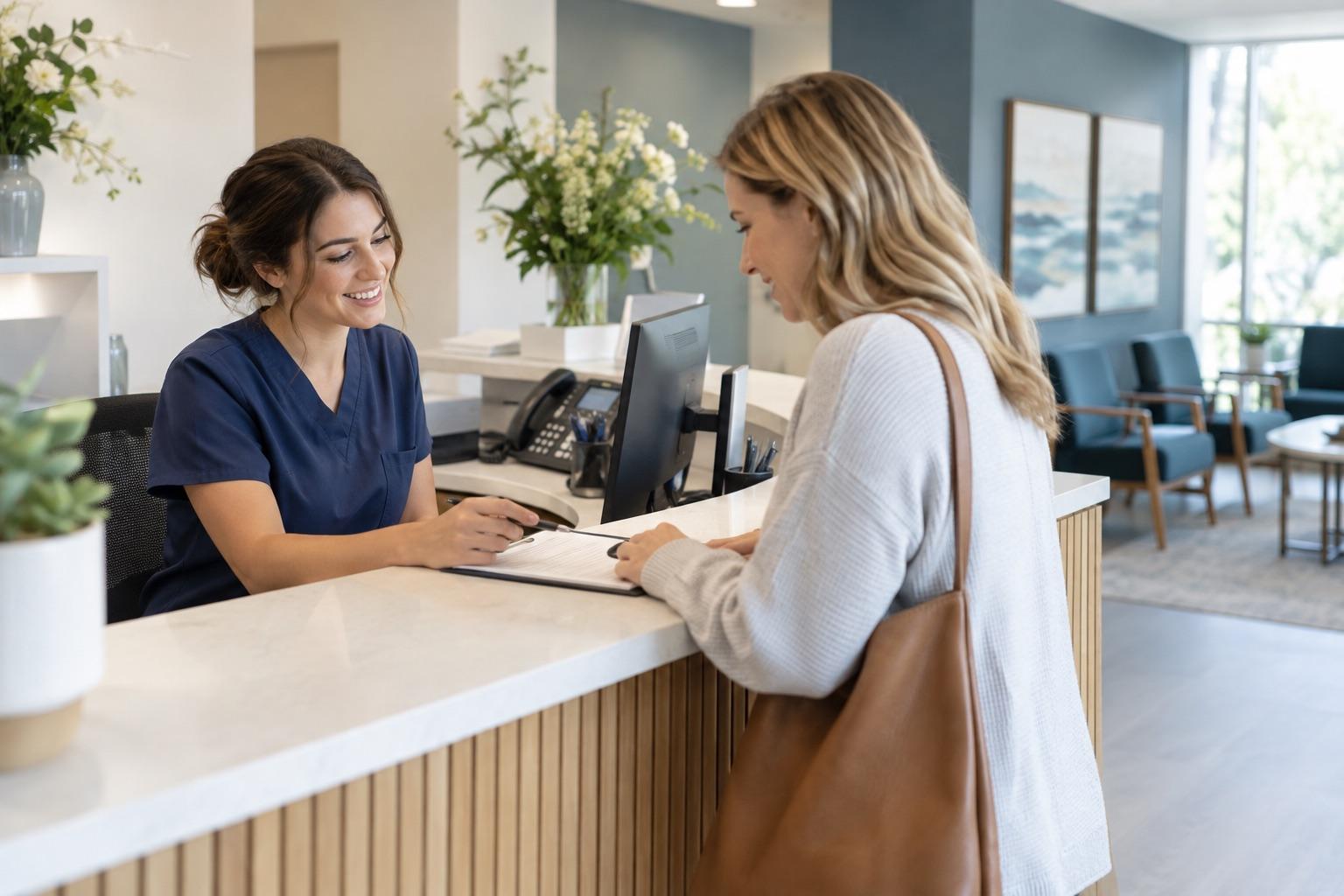 Dental receptionist speaking with a patient