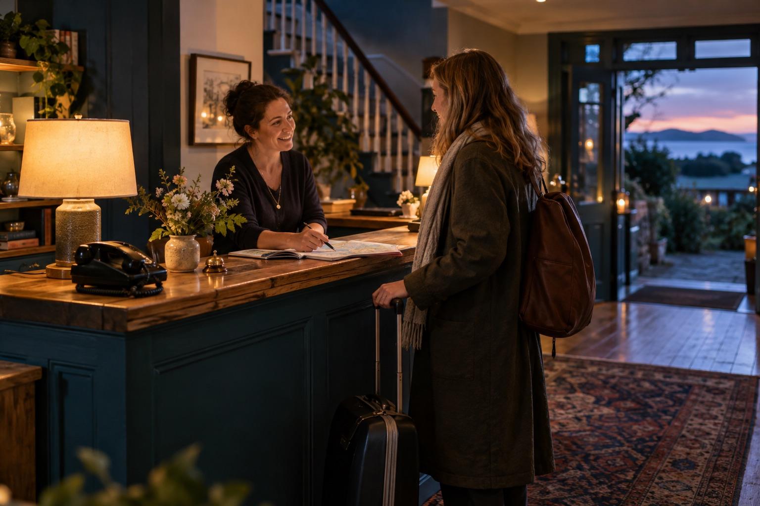 Guesthouse host welcoming guests at reception