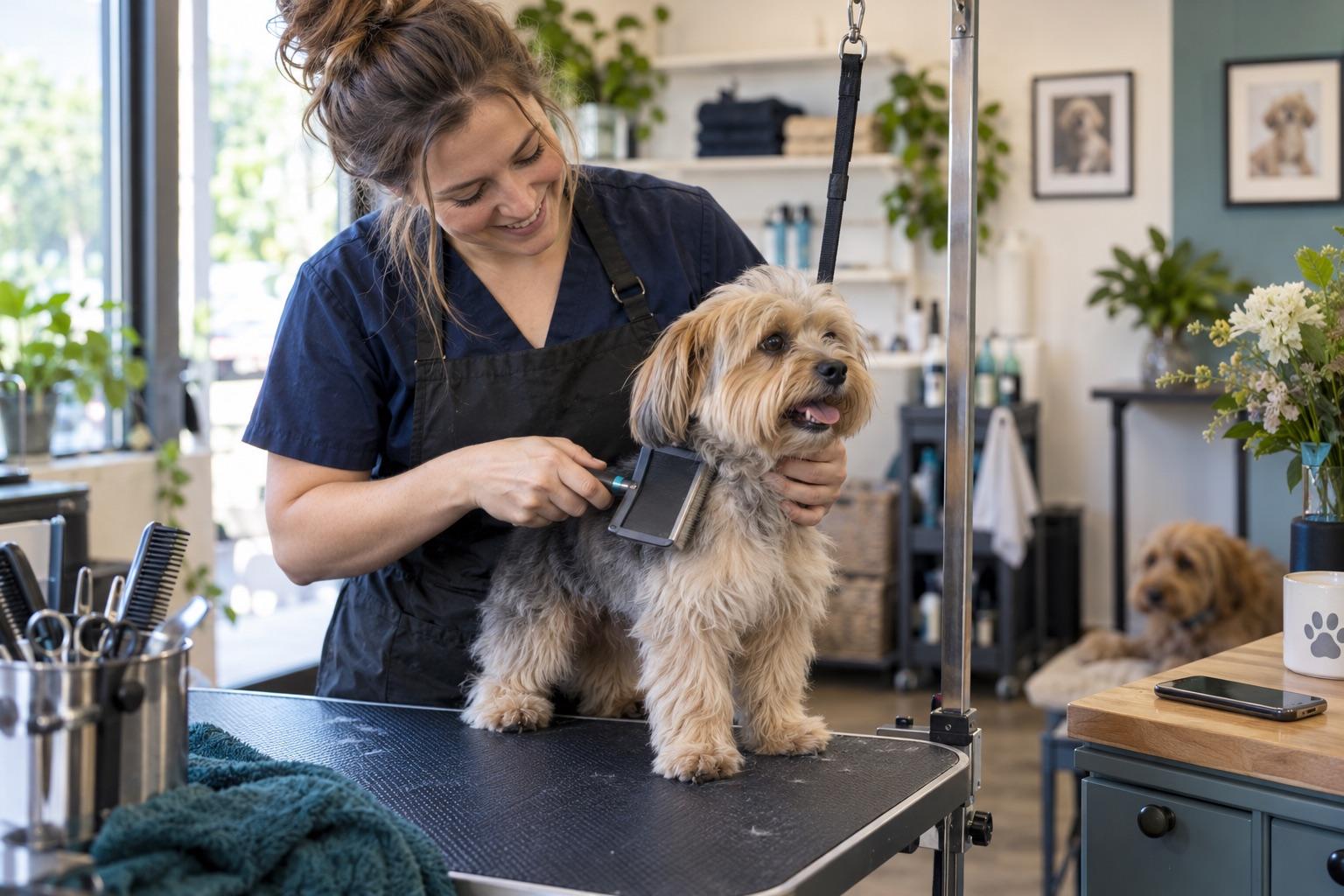 Pet groomer brushing a dog