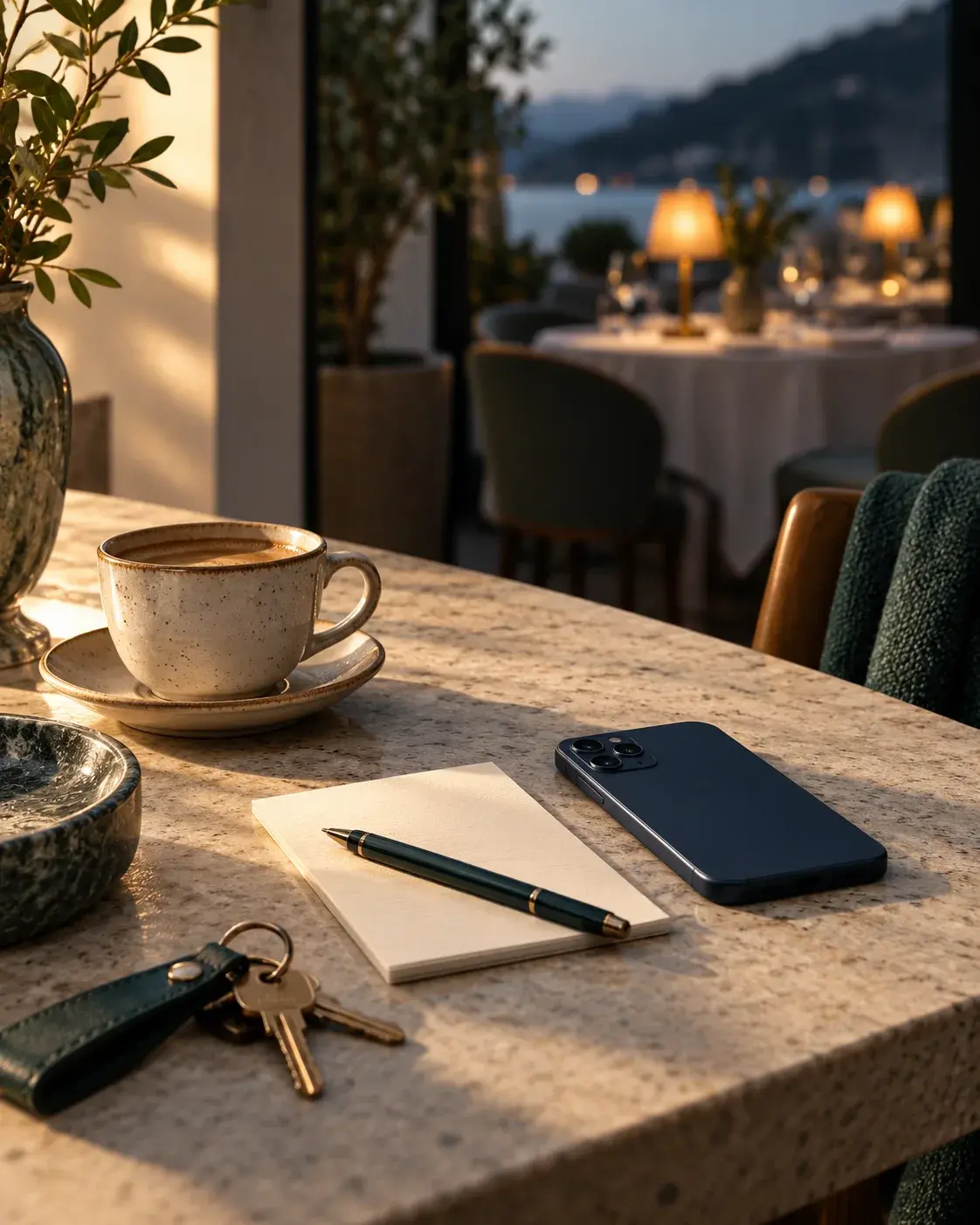 A quiet cafe table with a phone, notebook, coffee, and keys